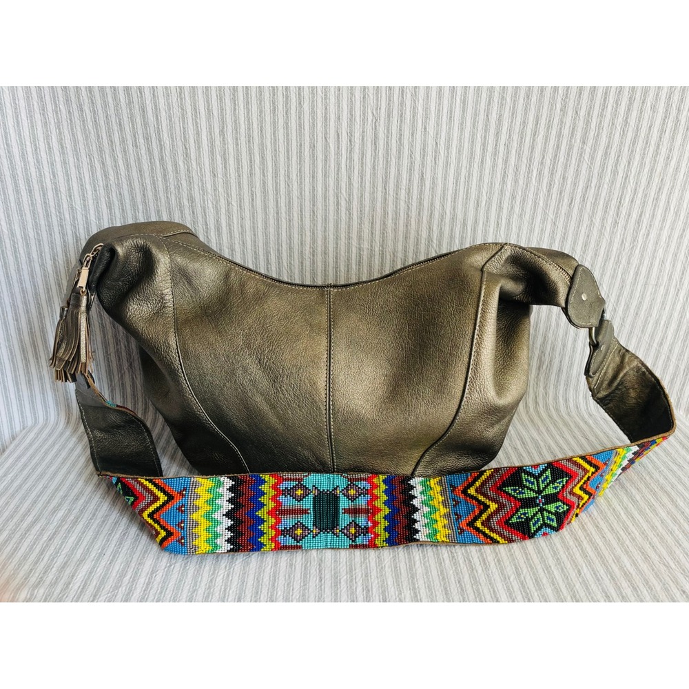Akarenni Metallic Bronze Leather Hobo Bag Beaded Strap Tassel Made in Mexico